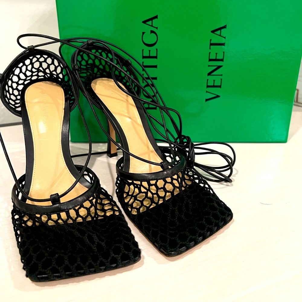 Bottega Veneta Black Lace-Up Mesh Heels
